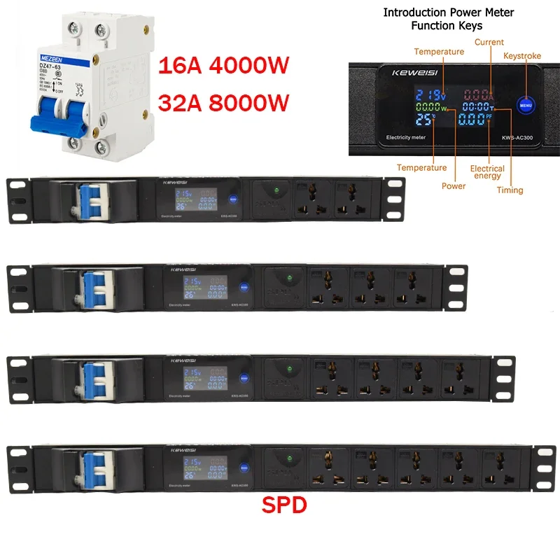 Network Cabinet Smart Power Strip Distribution Unit Without line 4000/8000W 2-10 Ways Socket voltage measuring instrument