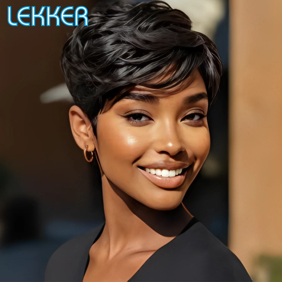 

Парик Lekker из 100% натуральных человеческих волос, черный, короткий, фасон пикси-боб, для женщин, бразильские волосы Реми, полностью машинной работы, без клея, для повседневного использования, распродажа.