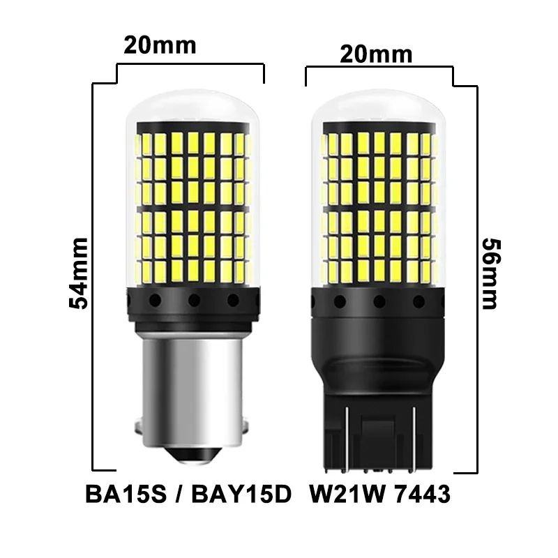 2 PCS P21W 1156 BA15S BAU15D LED Bulb Backup Brake Turn Signal Lights 7443 W21W Tail Reverse Lamps 12V 144-3014SMD Super Bright