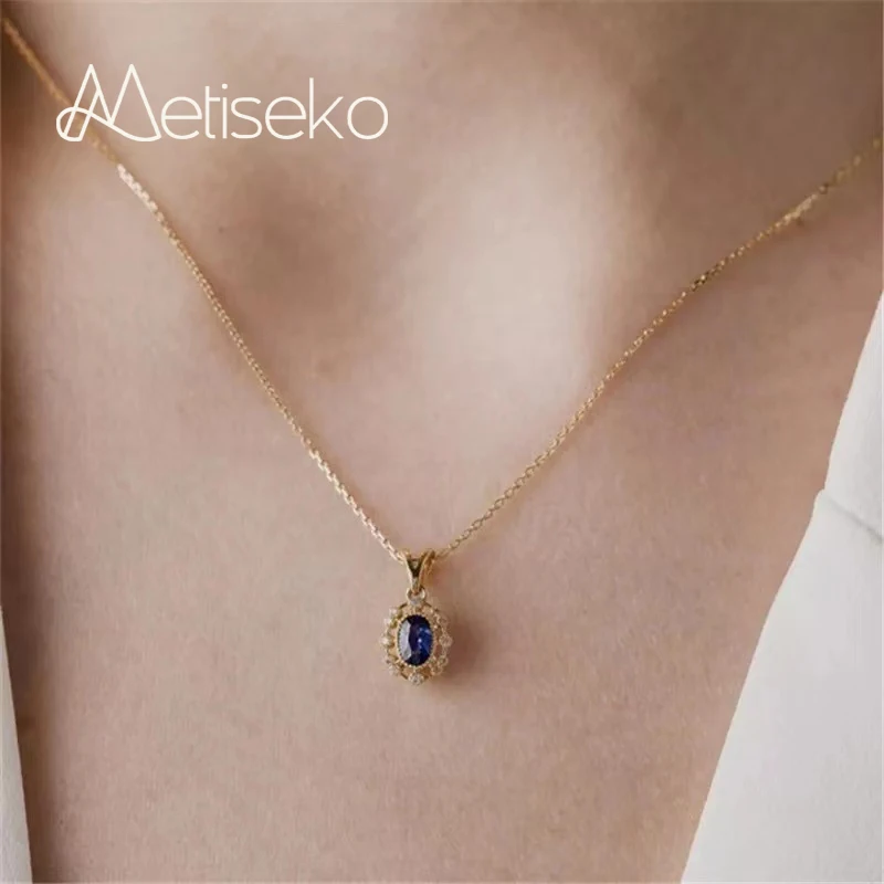 

Metiseko 925 Sterling Silver Sapphire Color Cubic Zirconia Pendant Necklace Retro Luxury Choker for Women Party