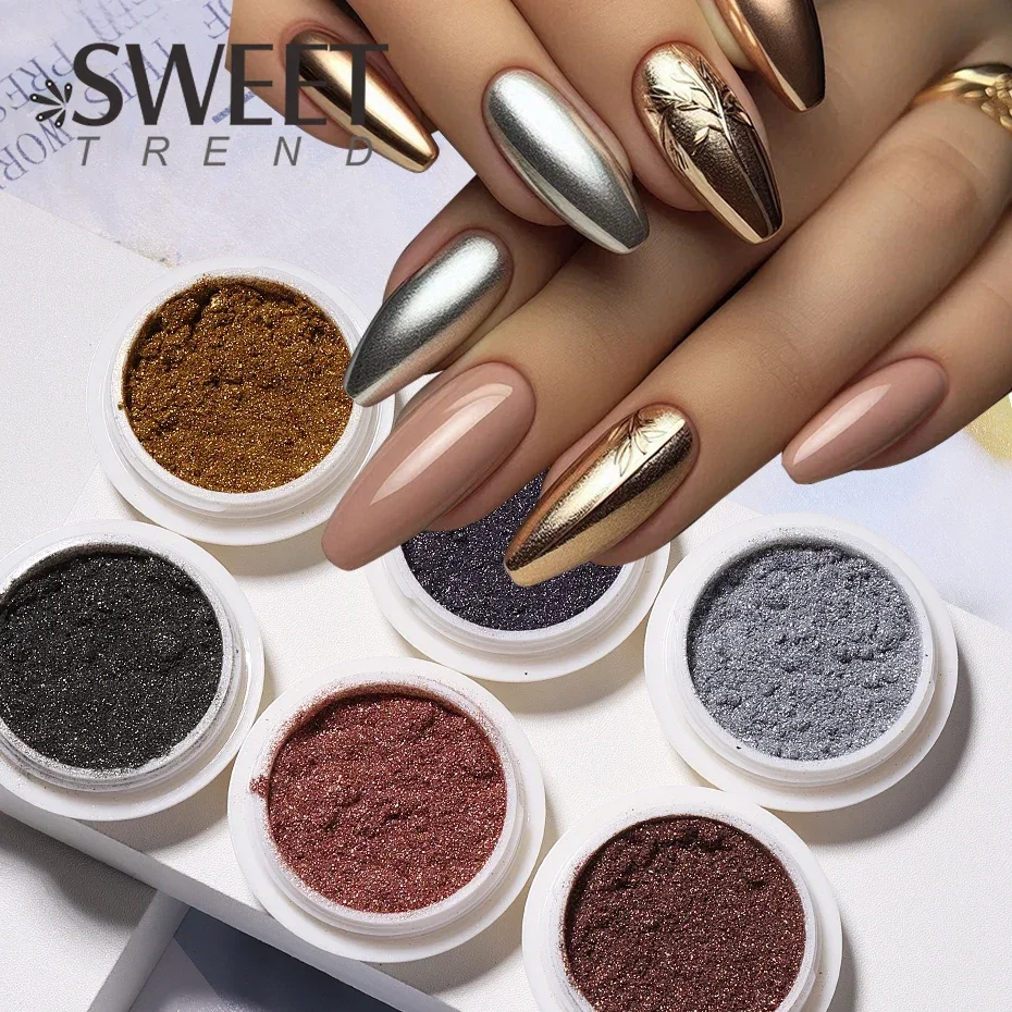 Poudre D.lique Chromée pour Nail Art, Pigment Or et Argent, Poussière de Frottement, Effet Miroir Magique, Paillettes, Accessoires de Manucure, 6 Pièces
