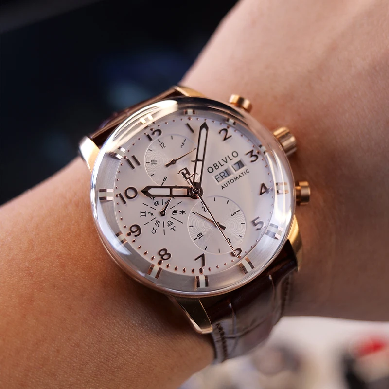 OBLVLO Unique Dome Sapphire Mirror Watches Men Mutii-Functional Automatic Mechanical Watches Calendar Waterpoor Clock