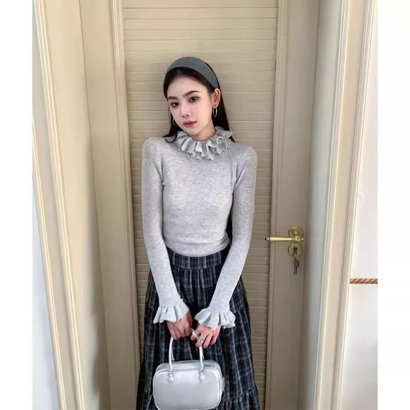 

Женская осенне-зимняя модная вязаная кофта с кружевным воротником и высоким воротом, облегающая, можно носить как самостоятельную вещь или как нижний слой.