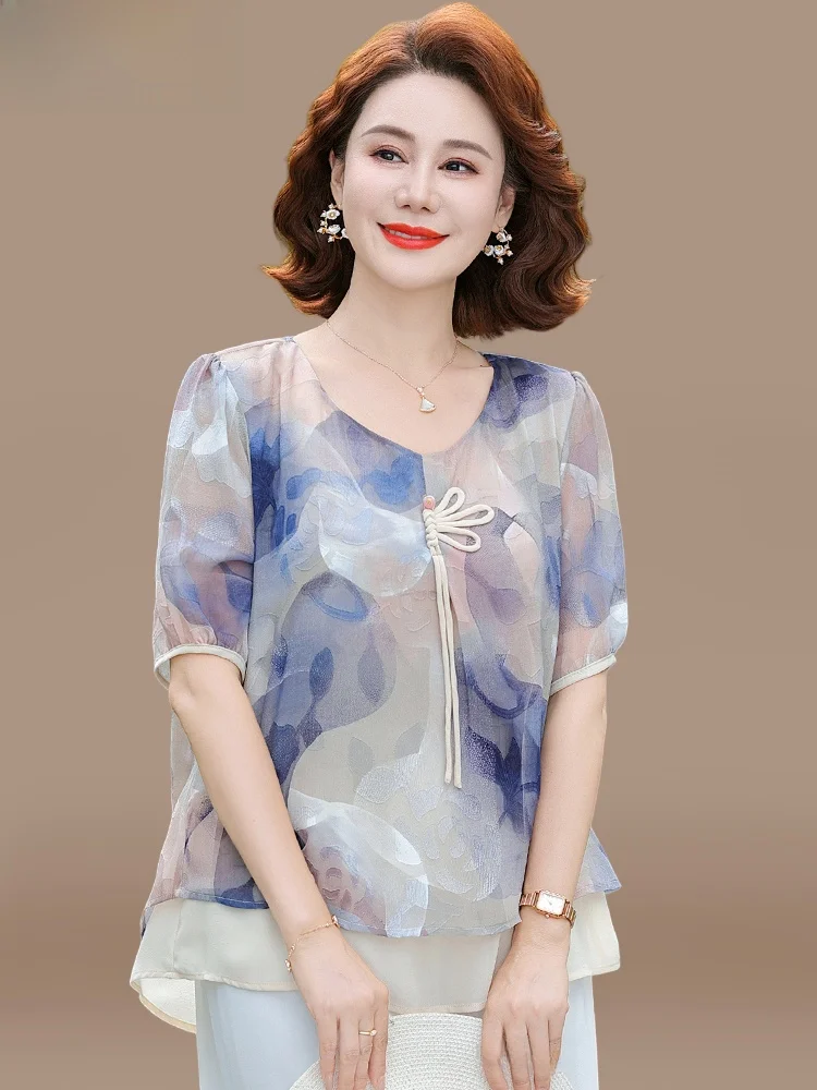 

Ele Summer New Chinese Sle ort Sve Women's irts Set for Middle-Aged Mothers Faionable Casual Polyester Fiber