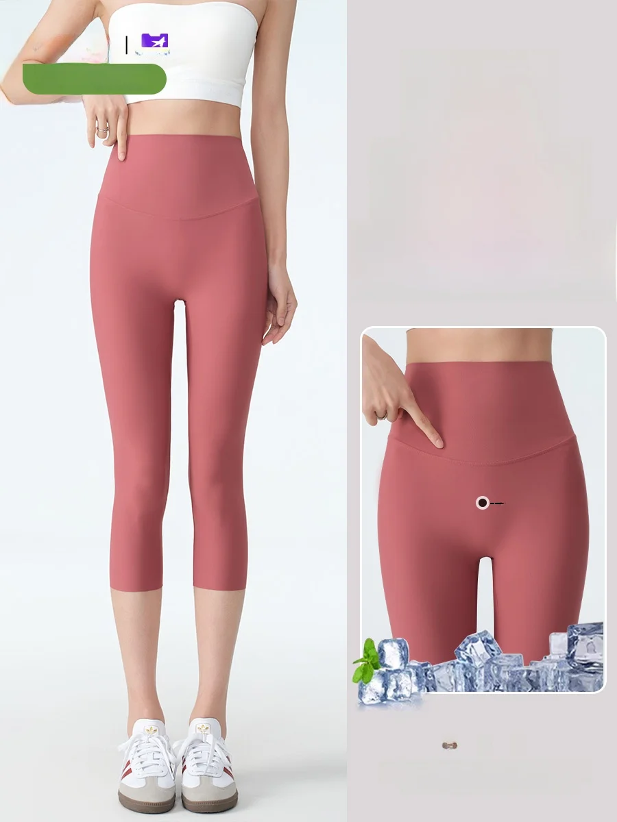 

Летние тонкие женские леггинсы для йоги с высокой талией, для фитнеса на открытом воздухе, базовый слой, длина 7/8, облегающие спортивные брюки с высокой талией