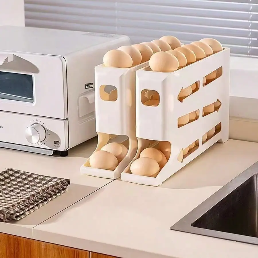 

30 Eggs 4-Tier Space-Saving Auto-Rolling Fridge Egg Holder (White)