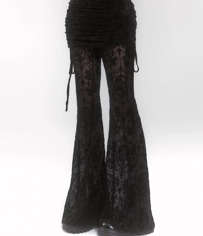 Temperament Subculture Fake Two-piece Black Lace Micro-flared Pants Goth Women High Waist Versatile Fashion Versatile Trousers