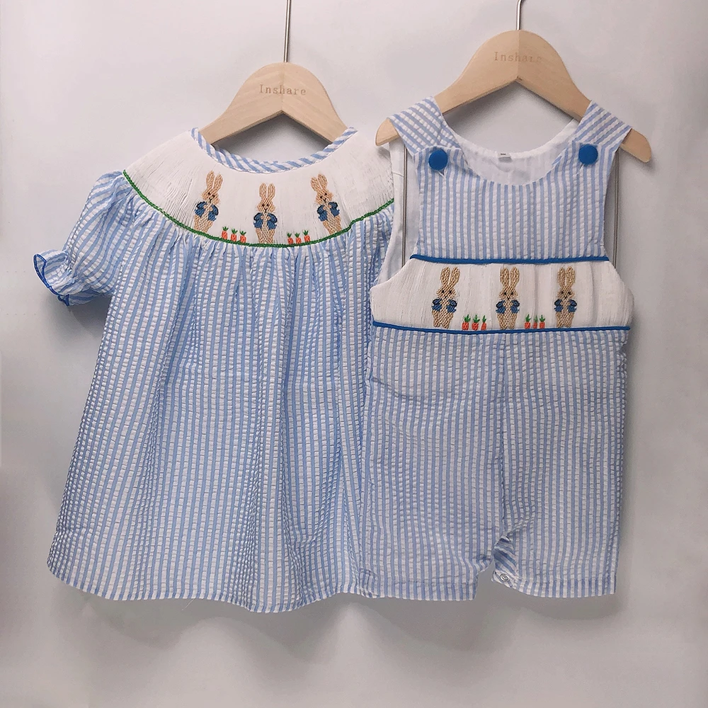 

Children Boutique Clothing Summer Girls Short Sleeves Handmade Smoked Dress Blue Striped Skirt Rabbit Embroidered Cute Siblings