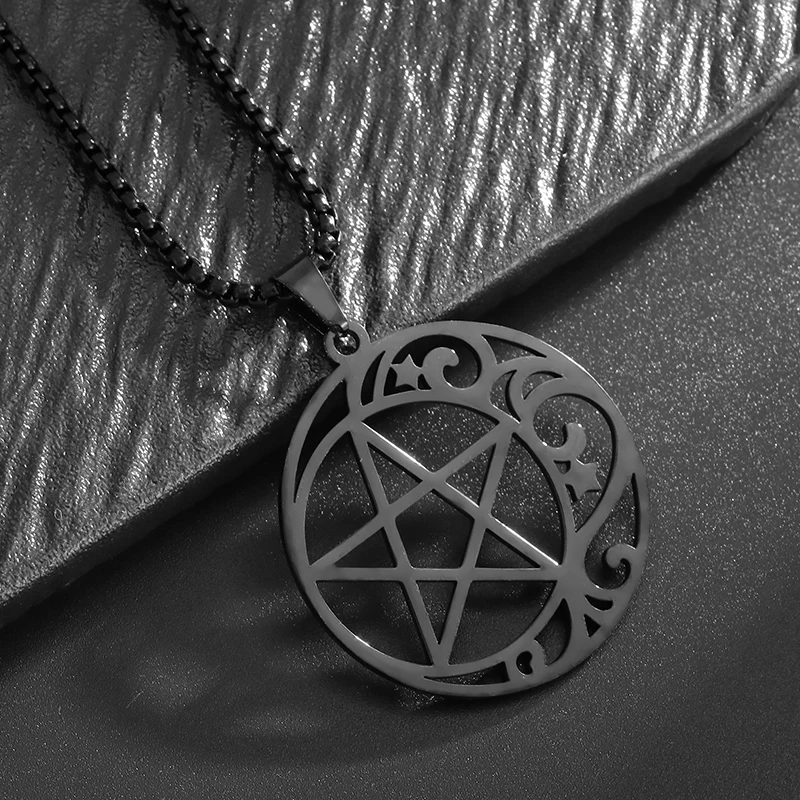 Stainless Steel Cut Magic Pentagram Moon Pendant Necklace for Men Women Celtic Irish Lucky Amulet Jewelry image 3