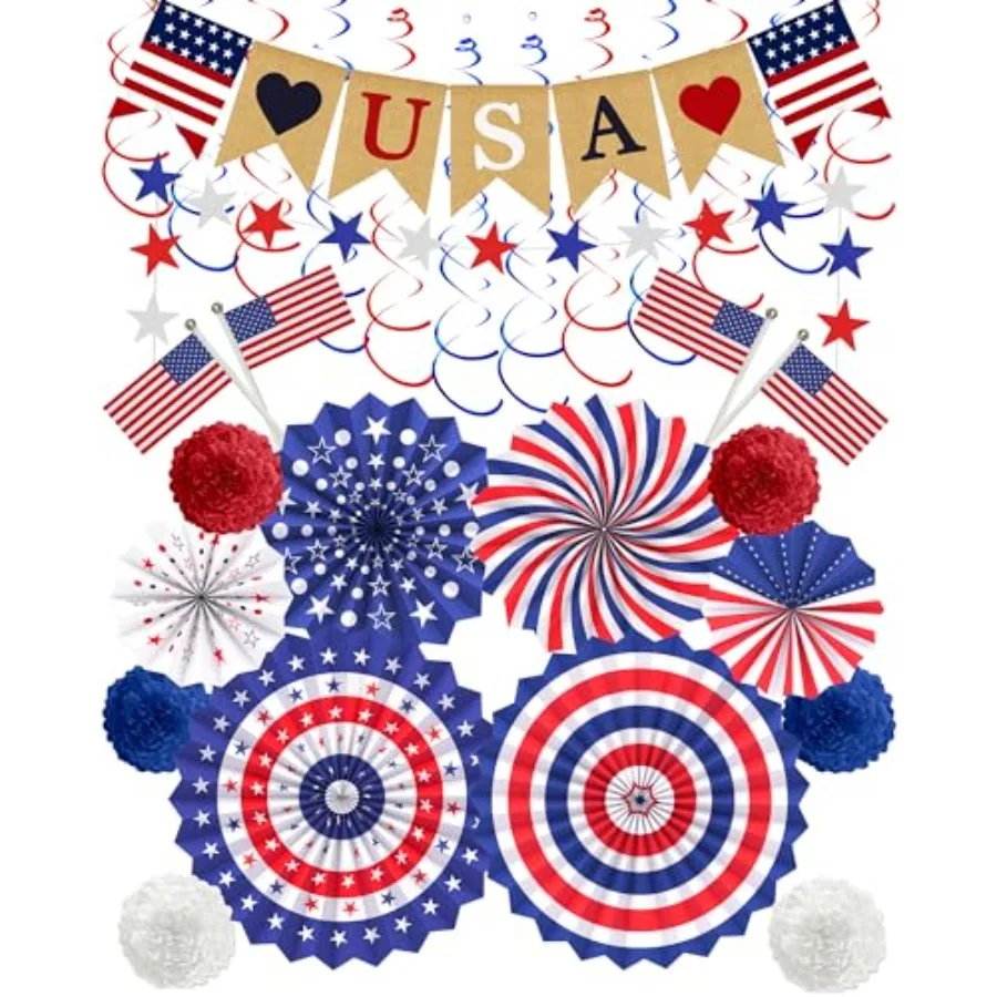 30 Pcs Patriotic Decorations for Veterans Day, 4th of July Decor LOVE USA Banner American Flag, Red White Blue Paper Fans Pompo