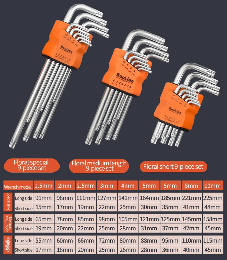 

9Pcs Hex Wrench Set Allen Wrench Tool Square Wrench Torx Inner Hexagonal Long Ball End L Key 1.5 - 10mm With T-handle