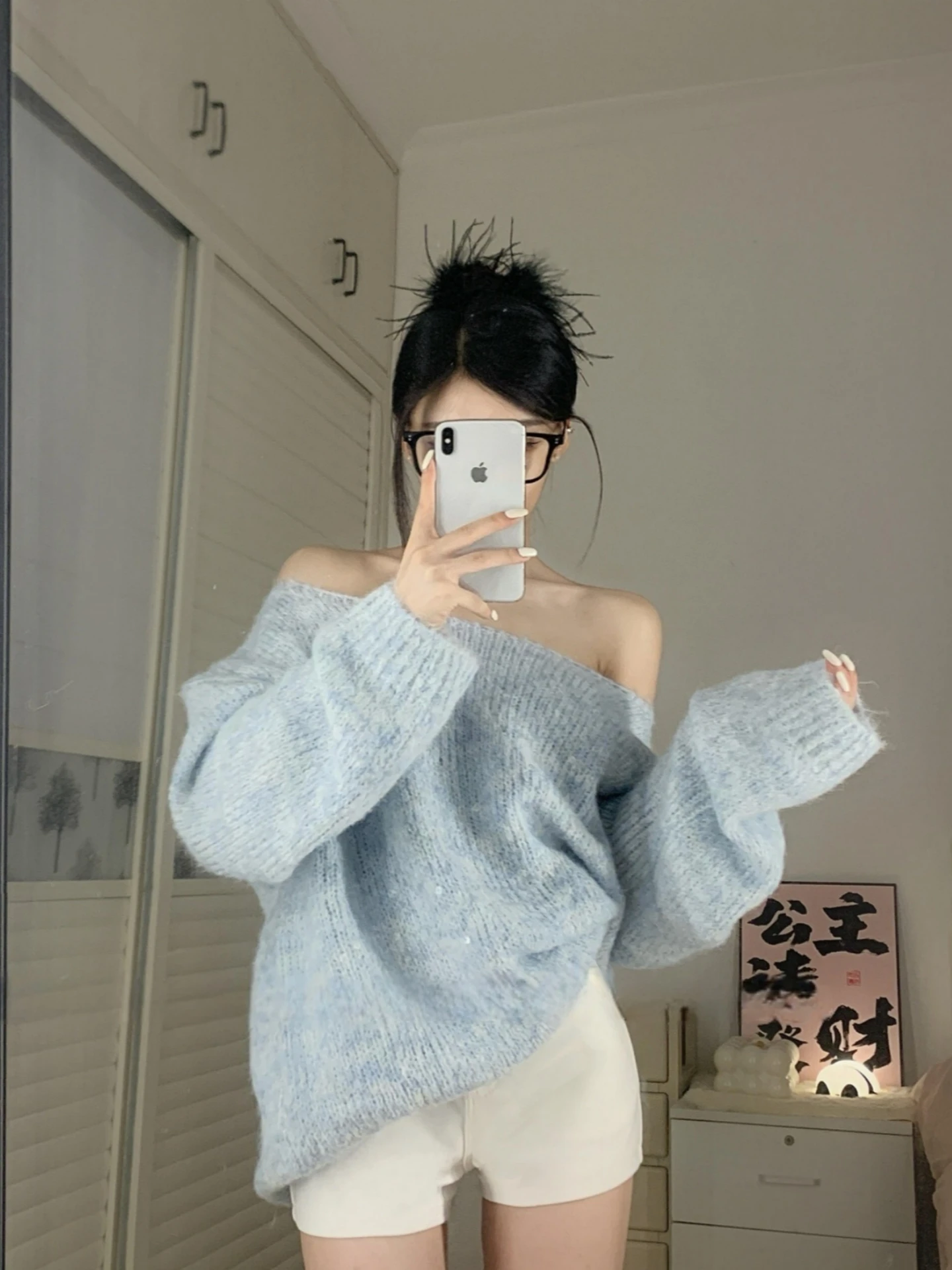 Blue One-Shoulder Long Sleeve Knitted Sweater Women's Loose Beautiful Sparkling Casual Style Commute Friendly Comfortable Fit