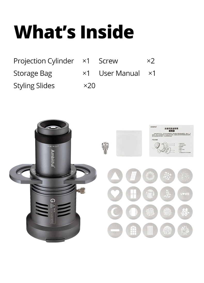 Ambitful AL20 Fotografie-Projektor-Aufsatz, Scheinwerfer, konischer Snoot, optischer Kondensator für Mini Bowens Godox Zhiyun INKEE – Detail 19