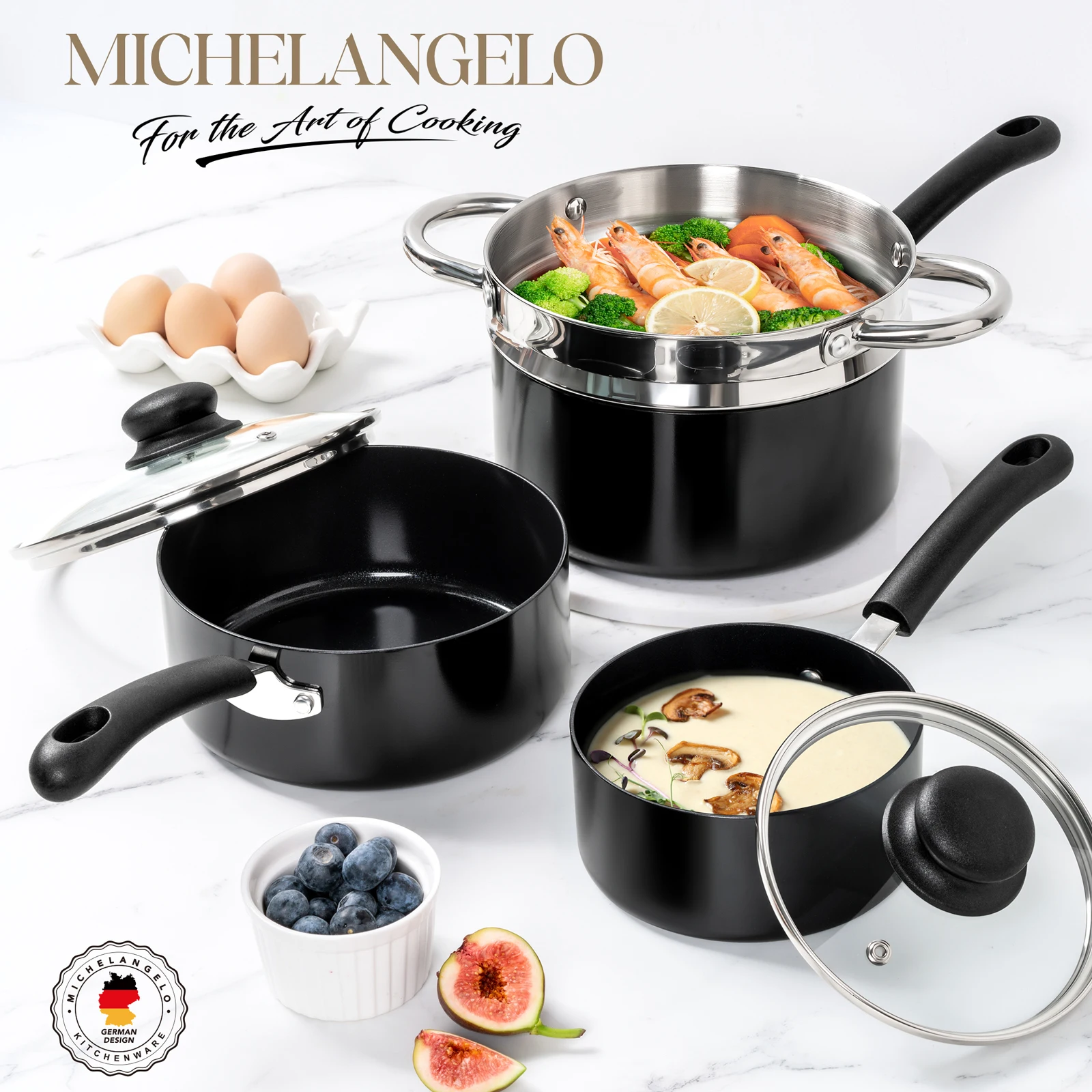 

MICHELANGELO Nonstick Saucepan with Lid Ceramic Saucepan Sets with Steamer Sauce Pans Multifunction Cooking Pot Compatible
