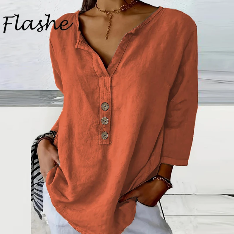 Spring Autumn Blouses Women Solid Casual V Neck Button Shirt Oversized Blouse Women Loose Pullover 2024
