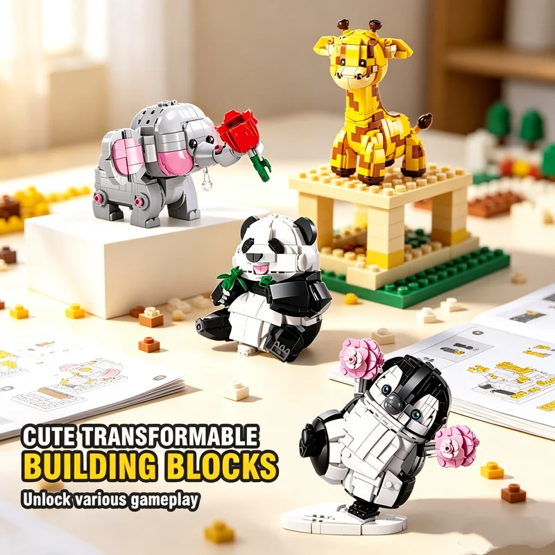 3 IN 1 Panda Giraffe Penguin Elephant Building Block Changes Amimal Assembly Brick Model Construction Toys For Children Gifts