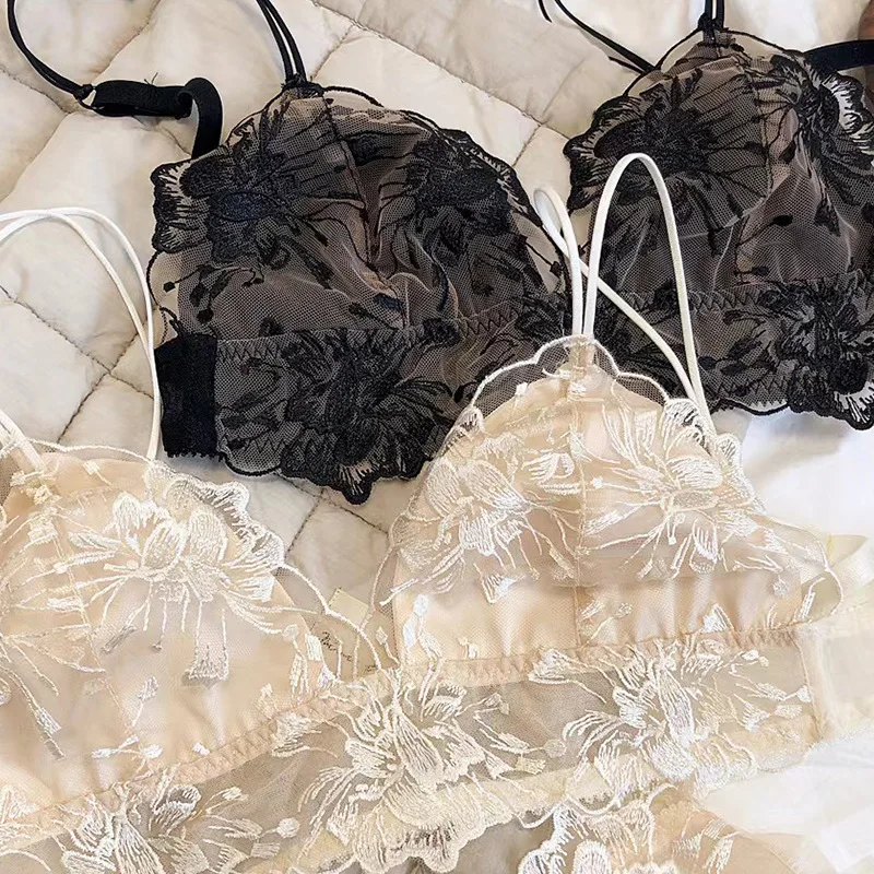 

French Sexy with Steel Ring Half Cup Gathered Underwear Anti-sagging Small Bra See-through Lace Women's Underwear Set New Lolita