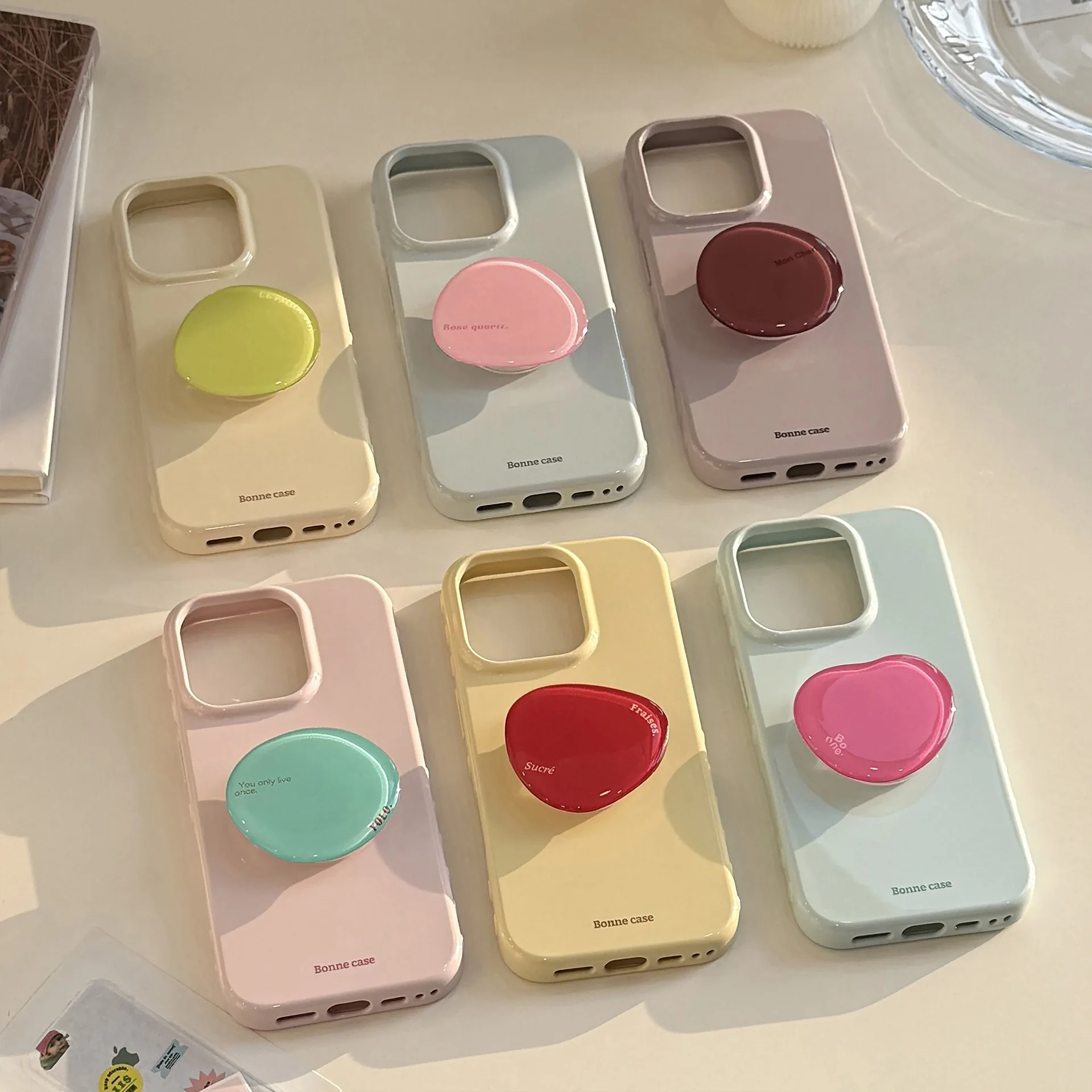 

Ins Korean Pink Solid Color Crystal Bracket Phone Case for IPhone 17 16 Pro 15 14 13 12 Pro Max Cover Cute Stand Holder Cases