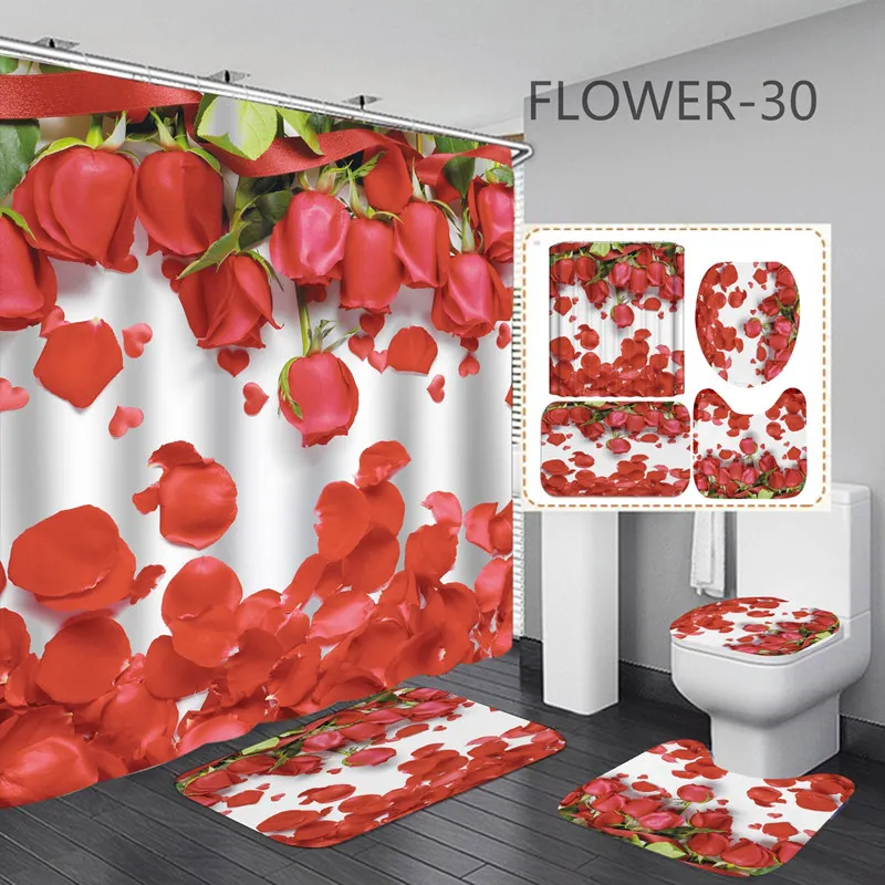 3D Print Flowers Bath Curtain Waterproof Fabric Romantic Red Rose Shower Curtain Love Heart for Valentine\'s Day Bathroom Decor