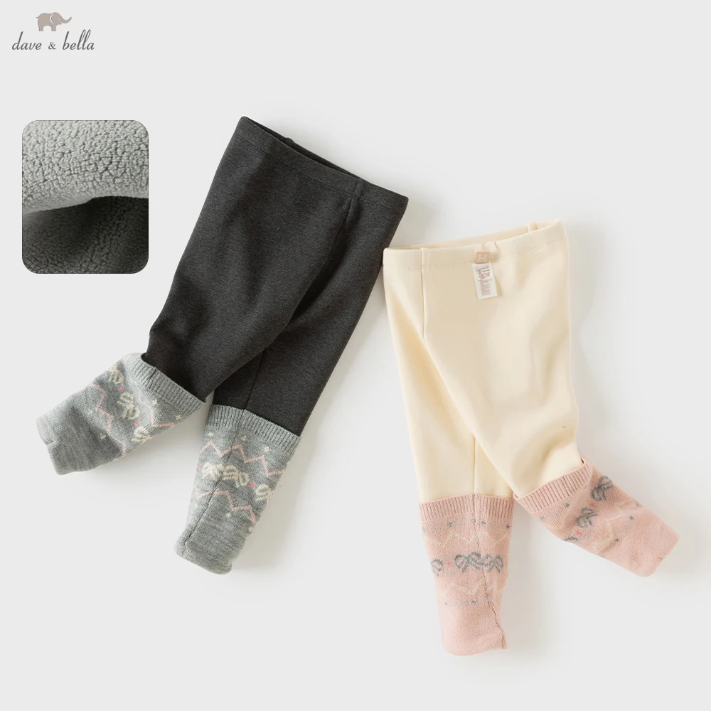 Dave Bella Girls Fleece-lined Leggings Winter Warm Knitted Pants 1-7 Years Fake Two-piece Kids Elastic Waist Trousers DB4264182