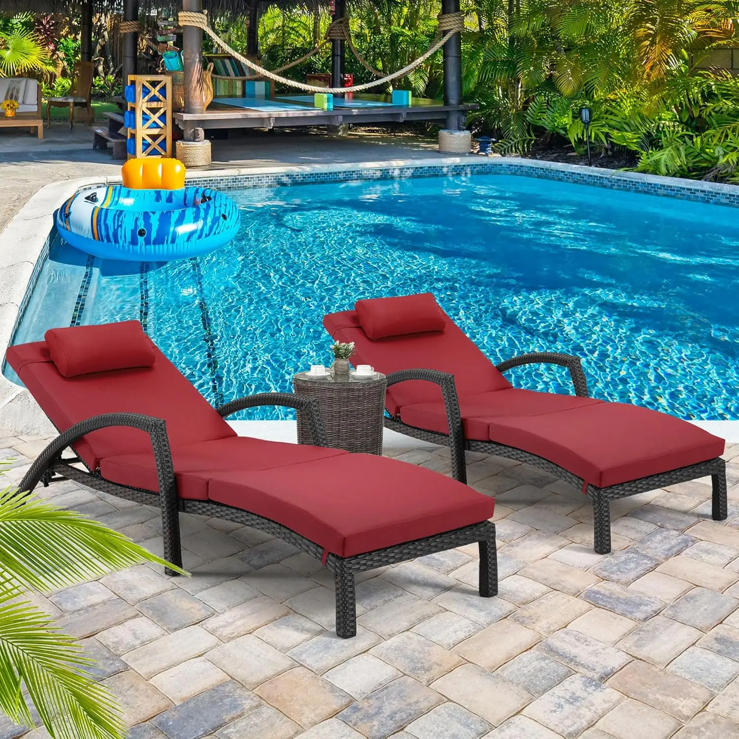 

Chaise Lounge Chairs Set of 2 PE Rattan Wicker Patio Lounge Chair Adjustable 5 Position, Arm Wheels Poolside Backyard Wine red