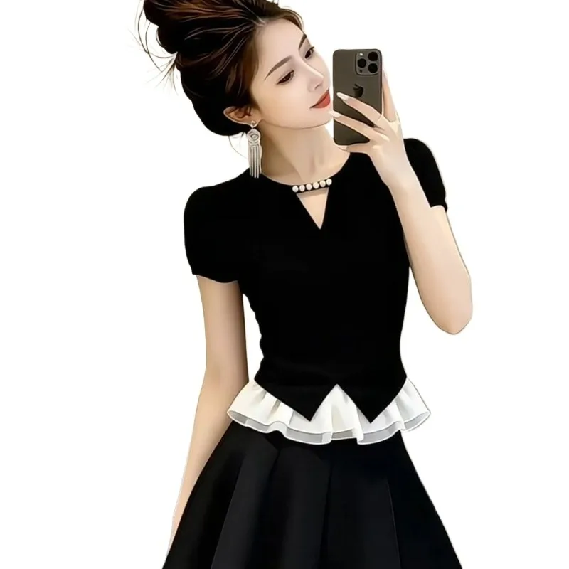 Temperament Contrasting Color Hollow Shirt Commuting Versatile Huge Good-looking High Waist Thin Skirt Suit Women Simple Casual