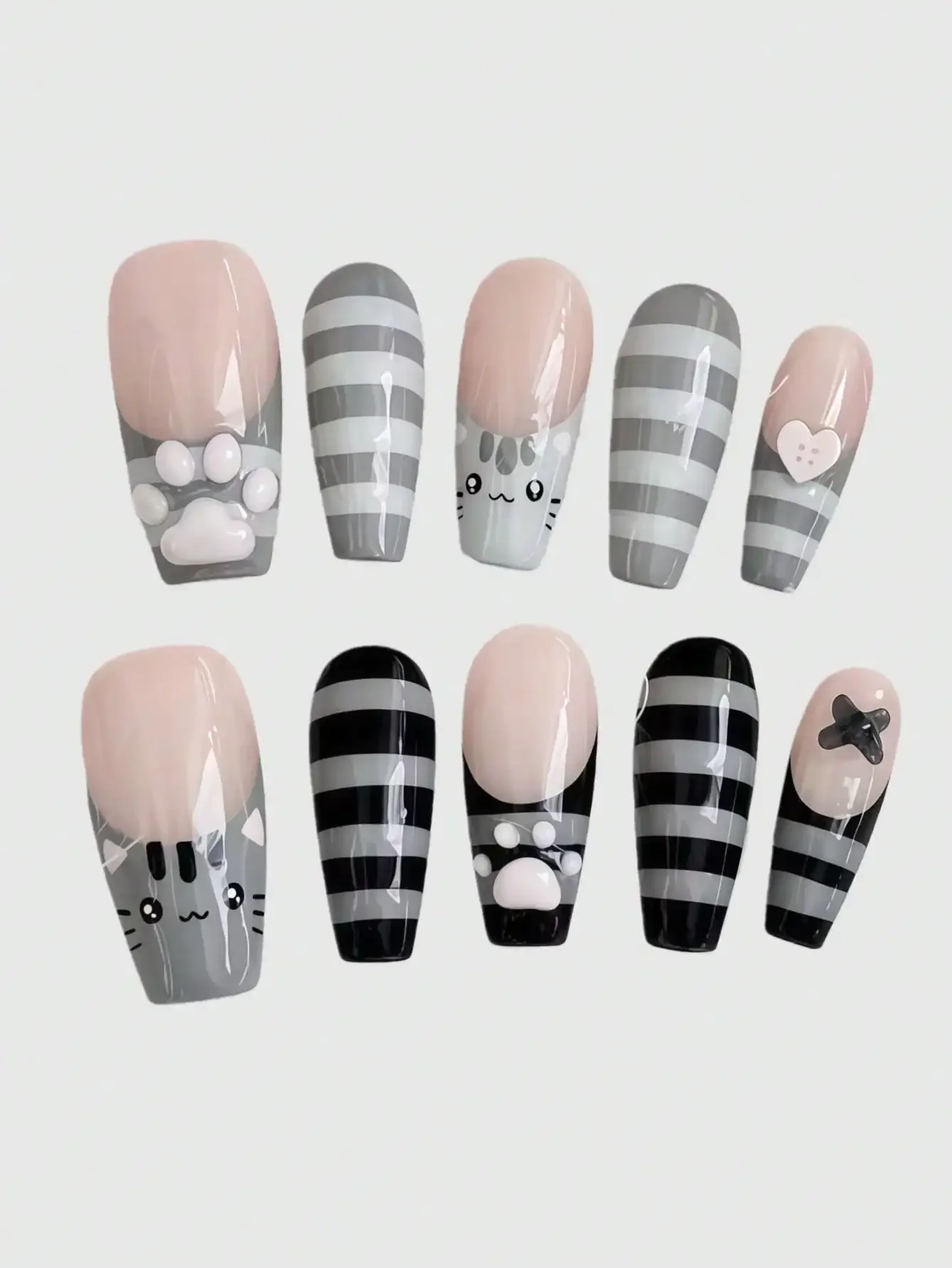 ROMWE Anime 10pcs Y2K Retro Star, Polka Dot, Striped, Pop Art, Grunge, Music Note Decorative False Nails, Handmade, Suitable For College, Music Festivals, Dates, Etc.