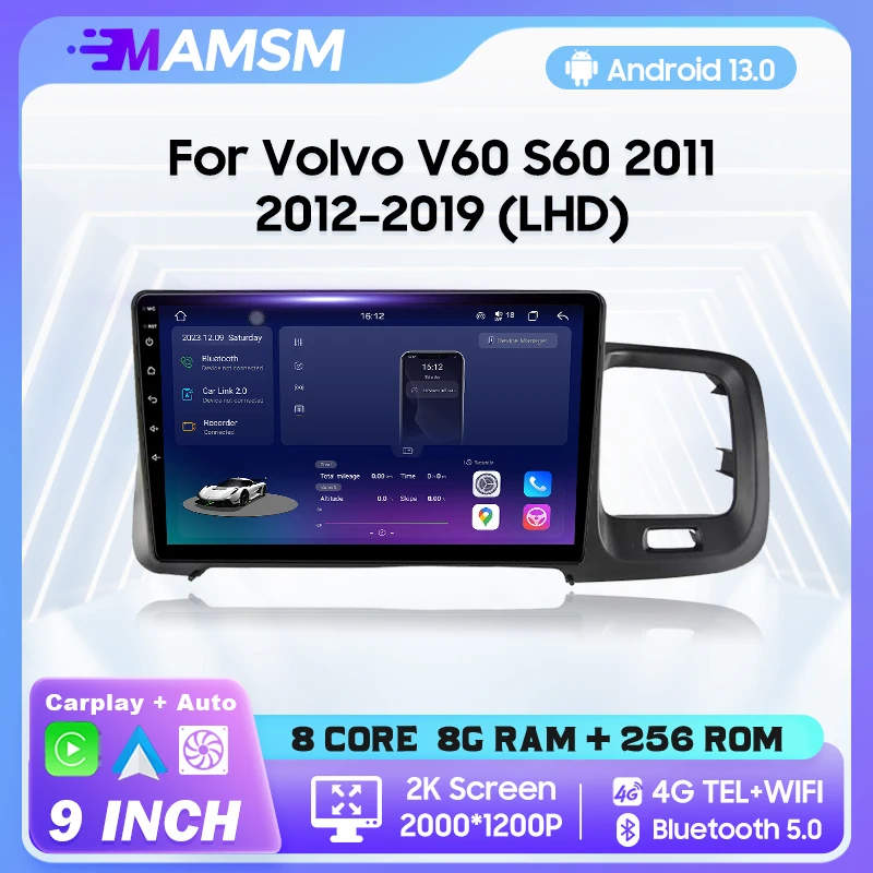 MAMSM Android 13 Car Radio For Volvo V60 S60 2011-2019 Video Multimedia Bluetooth Player Navigation GPS Carplay Autoradio stereo