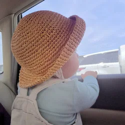 Newborn Straw Hat Child Summer Beach Sunhat Sun Visor Hat Kid Fisherman Hats Straw Braided Wide Brim Cap Sun Protect Bucket Hat