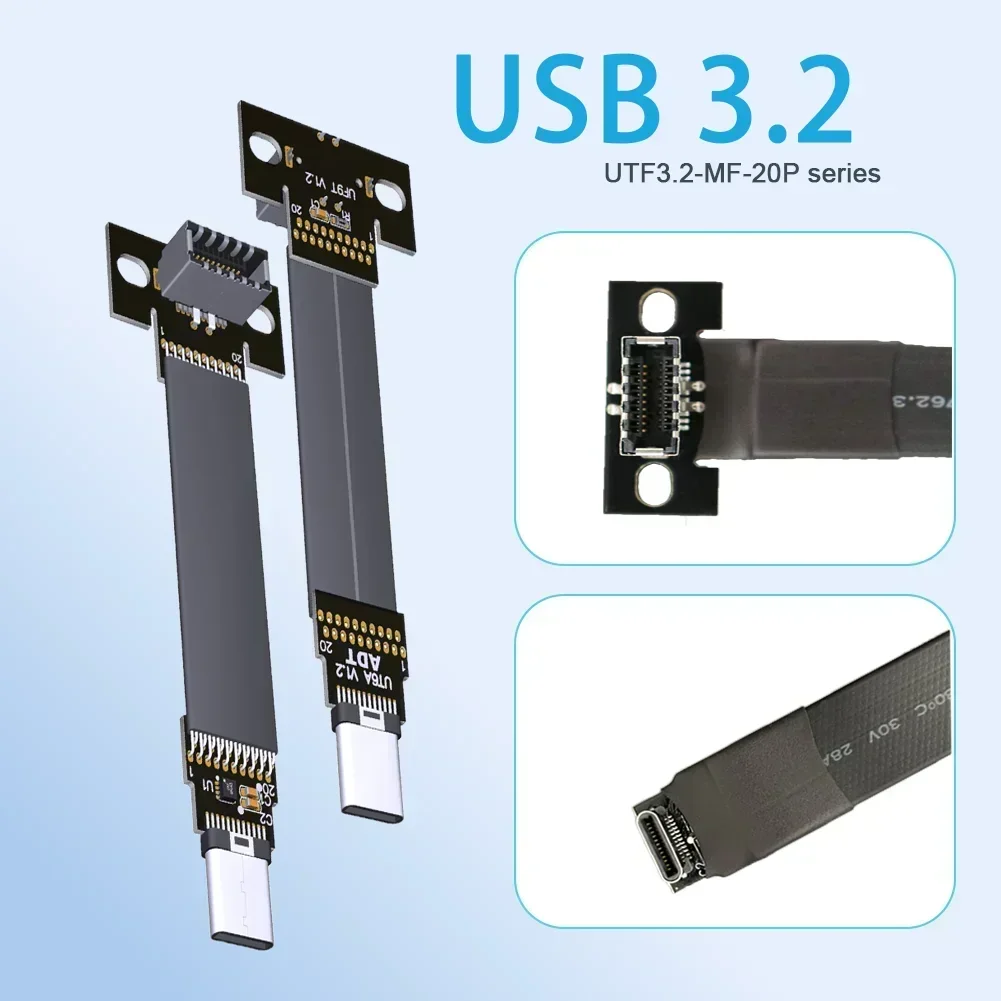 20P 20Gbps USB 3.2 Gen2x2 Type-C Male To Type-E Female 90 Degree Right Angled Flat Extender Cable ITX ATX Motherboard A4 PC Case