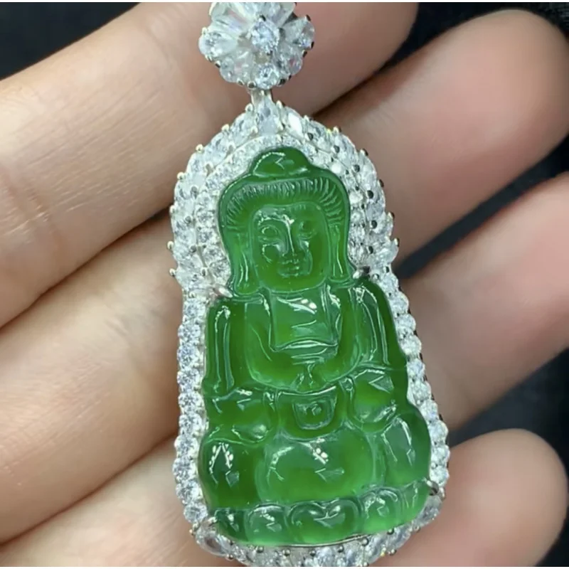 Natural Jadeite A (Guanyin) Pendant, exquisitely set in S925 silver, bright green color