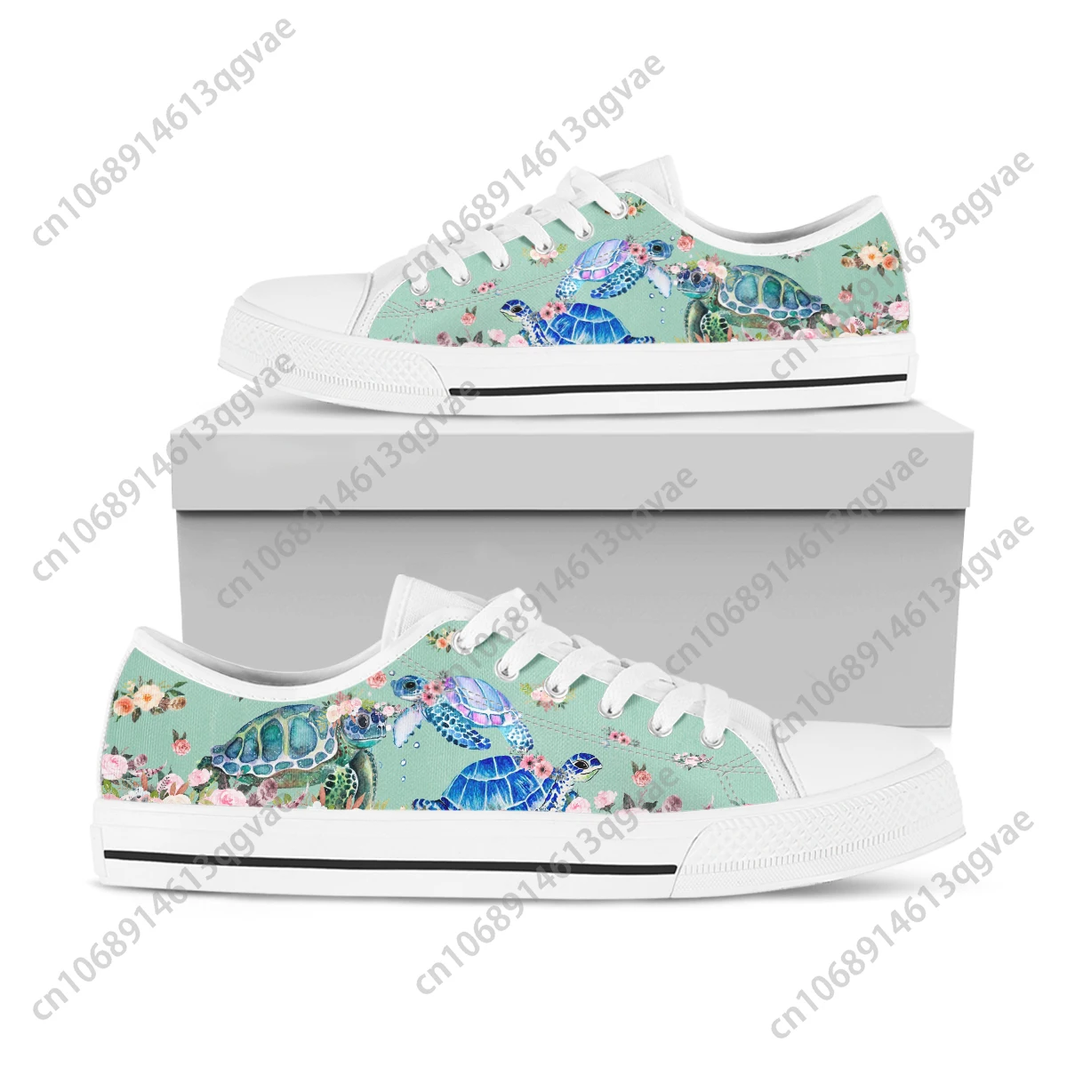 Blue Sea Turtle Pattern Low Top Sneakers Mens Womens Teenager High Quality Canvas Sneaker Couple Shoes Custom Personalized Shoe