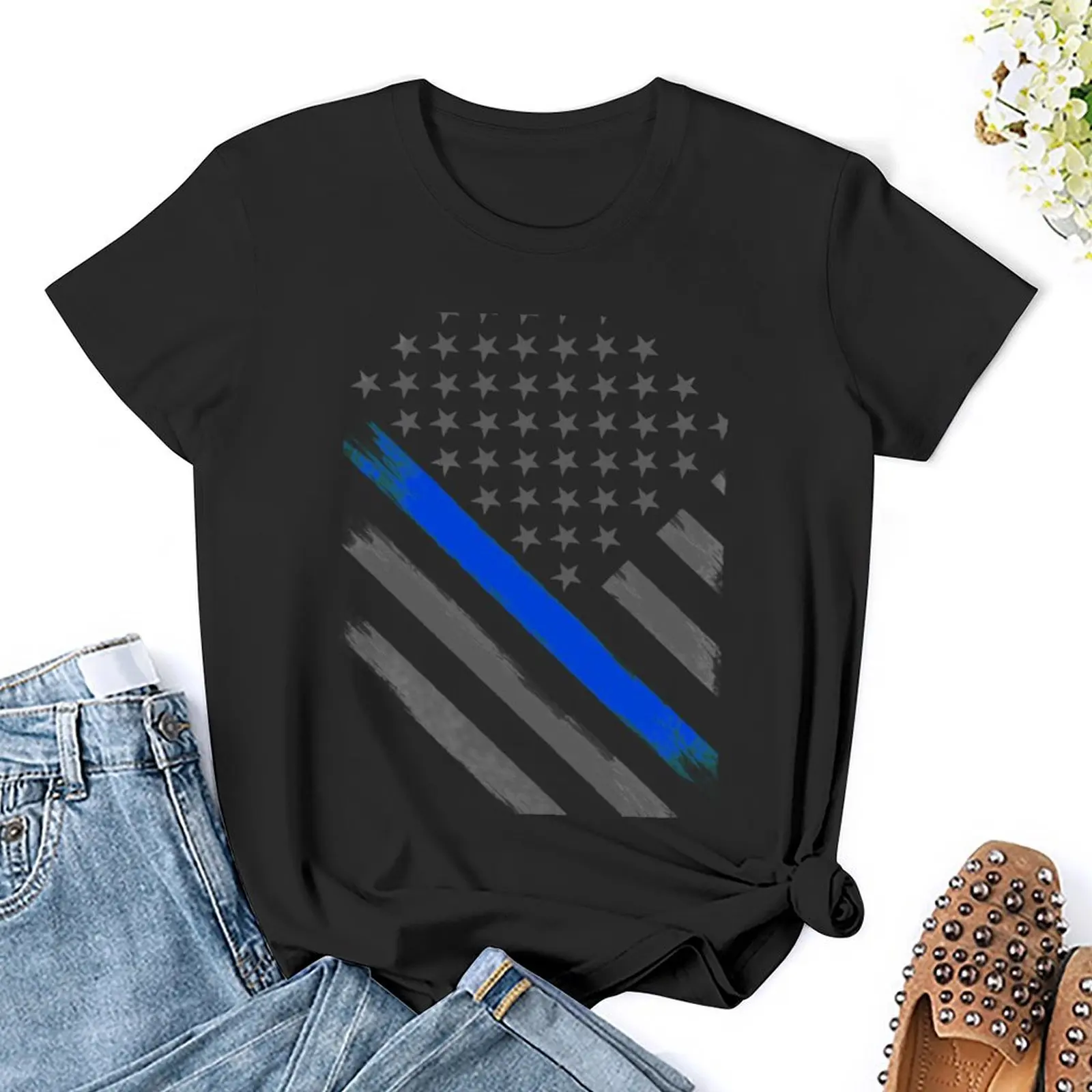 Camiseta fina de Oficial táctico con bandera de línea azul para mujer, tops de talla grande, camisa con estampado de animales gráficos, Top para niñas