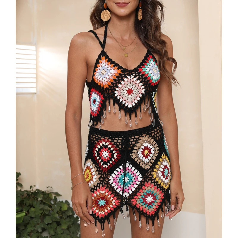 

2022 New crochet 2PCS/SET Beachwear Summer Holidays women Bohemia Tassel Crop Top+skirts swimwearCover-ups