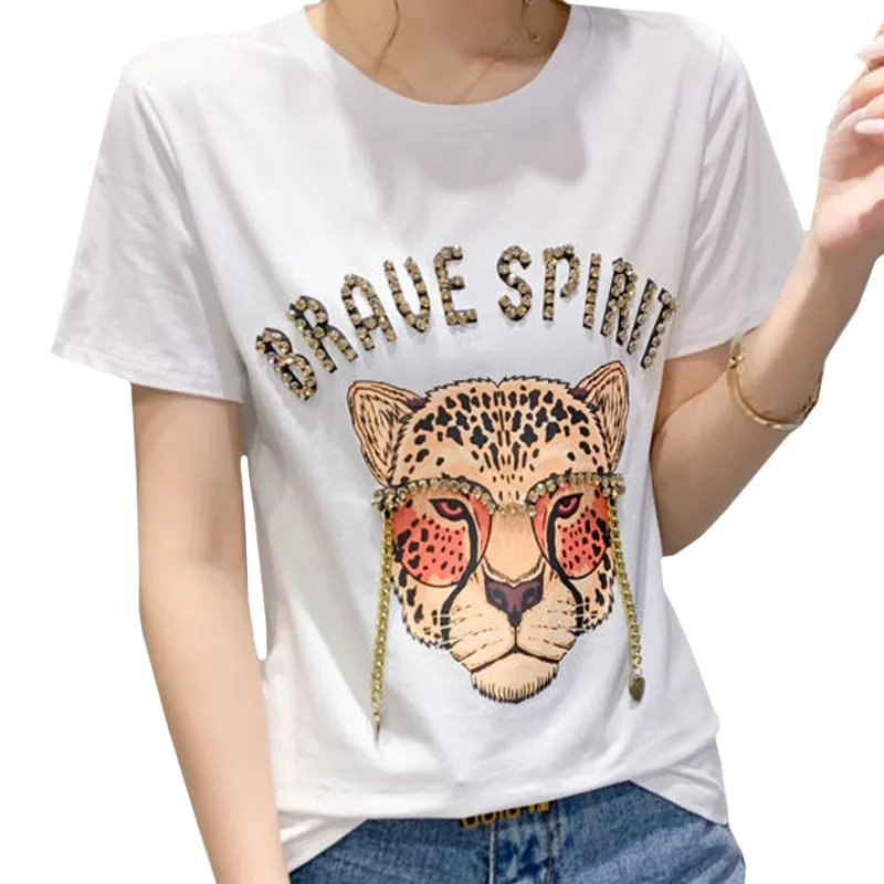 

95% Cotton Euro Us Style Summer Slim Fit Small Size Women T Shirt Leopard Head Letters With Diamonds Tees Young Lady Top Female