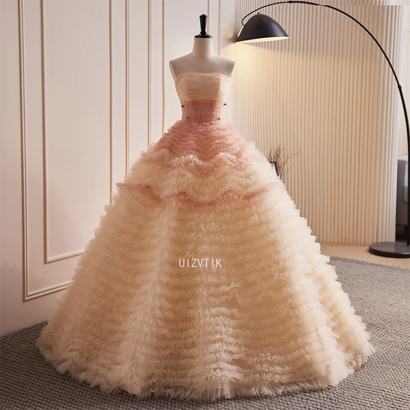 

Luxury A-Line Prom Dress Women Pleated Strapless Sleeveless Floor Lace-Up Backless Princess Wedding Celebrity Evening Party Gown