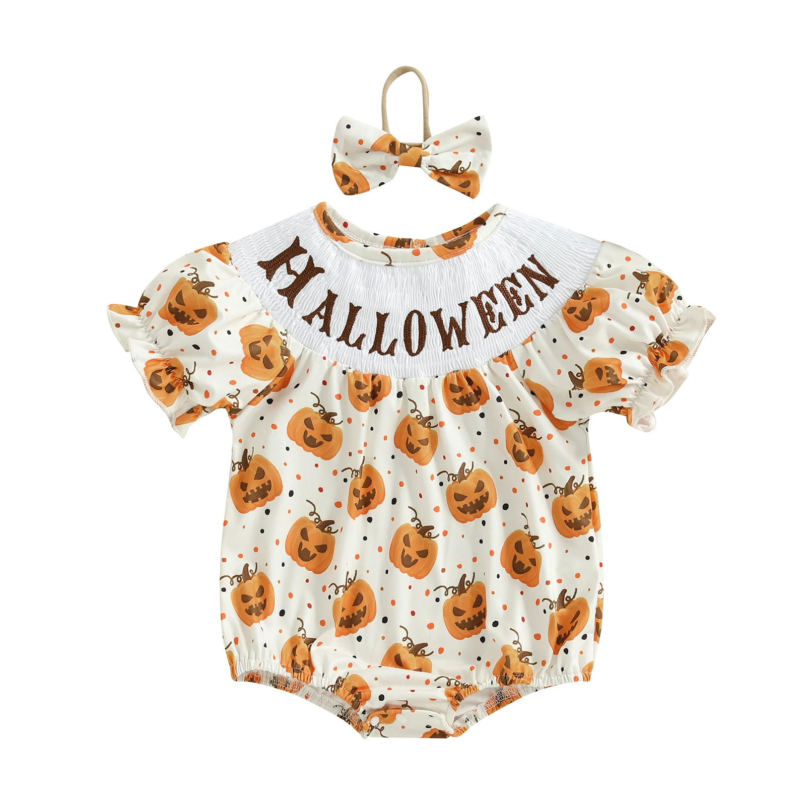 Baby Girls Rompers Halloween Clothes Letter Embroidery Pumpkin Print Short Sleeve Bodysuits Jumpsuits with Headband