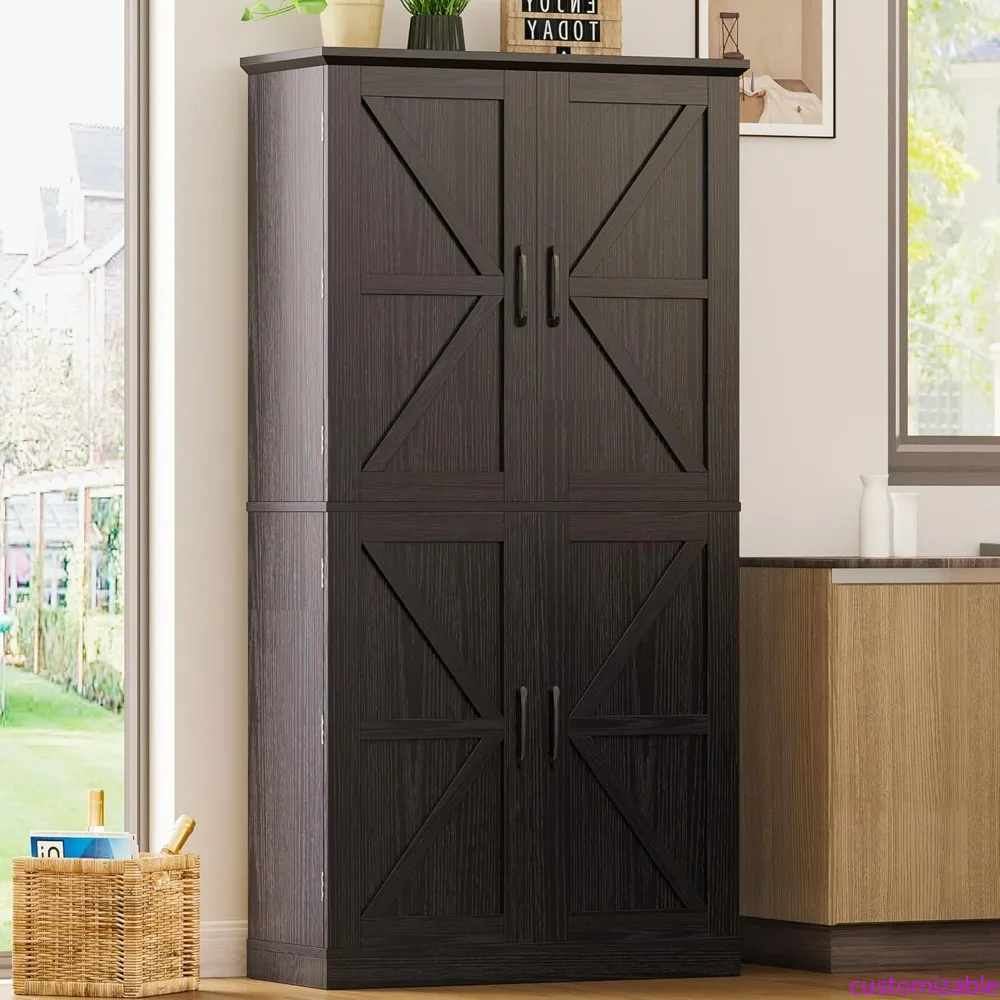 

Отдельно стоящий кухонный шкаф для хранения высотой 72,8 дюйма, 4 дверцами в стиле сарая, стеллаж для хранения и 4 регулируемыми полками