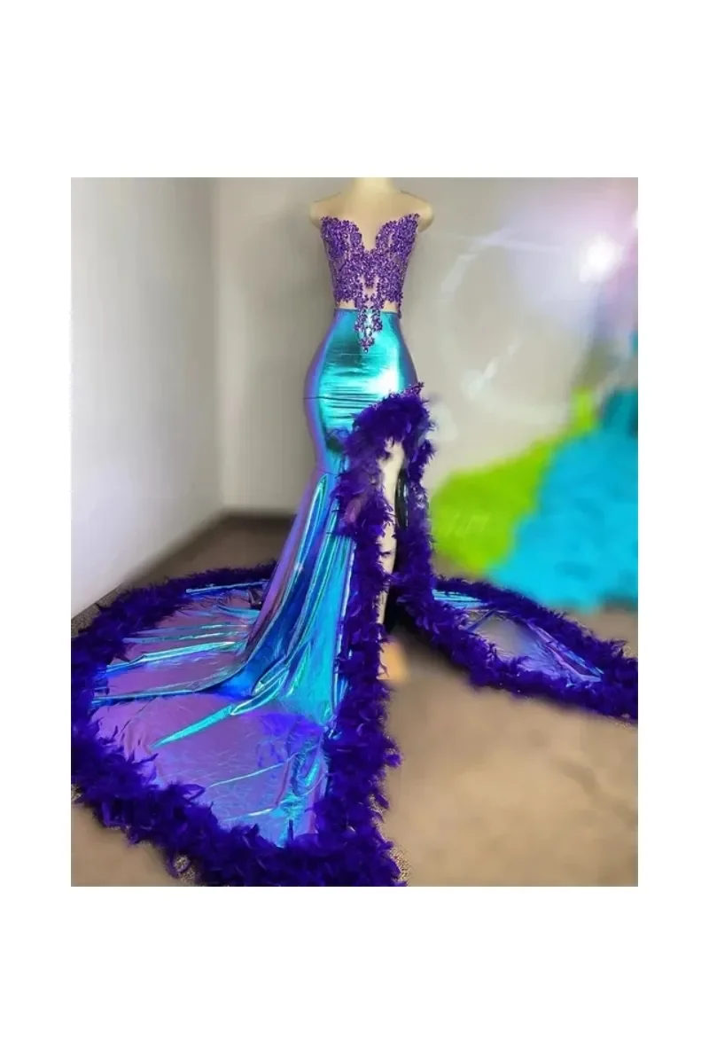 Vestidos de graduación de sirena con diamantes morados, Cuentas, cristales, plumas, vestidos de noche, batas de Gala, fiesta de cumpleaños