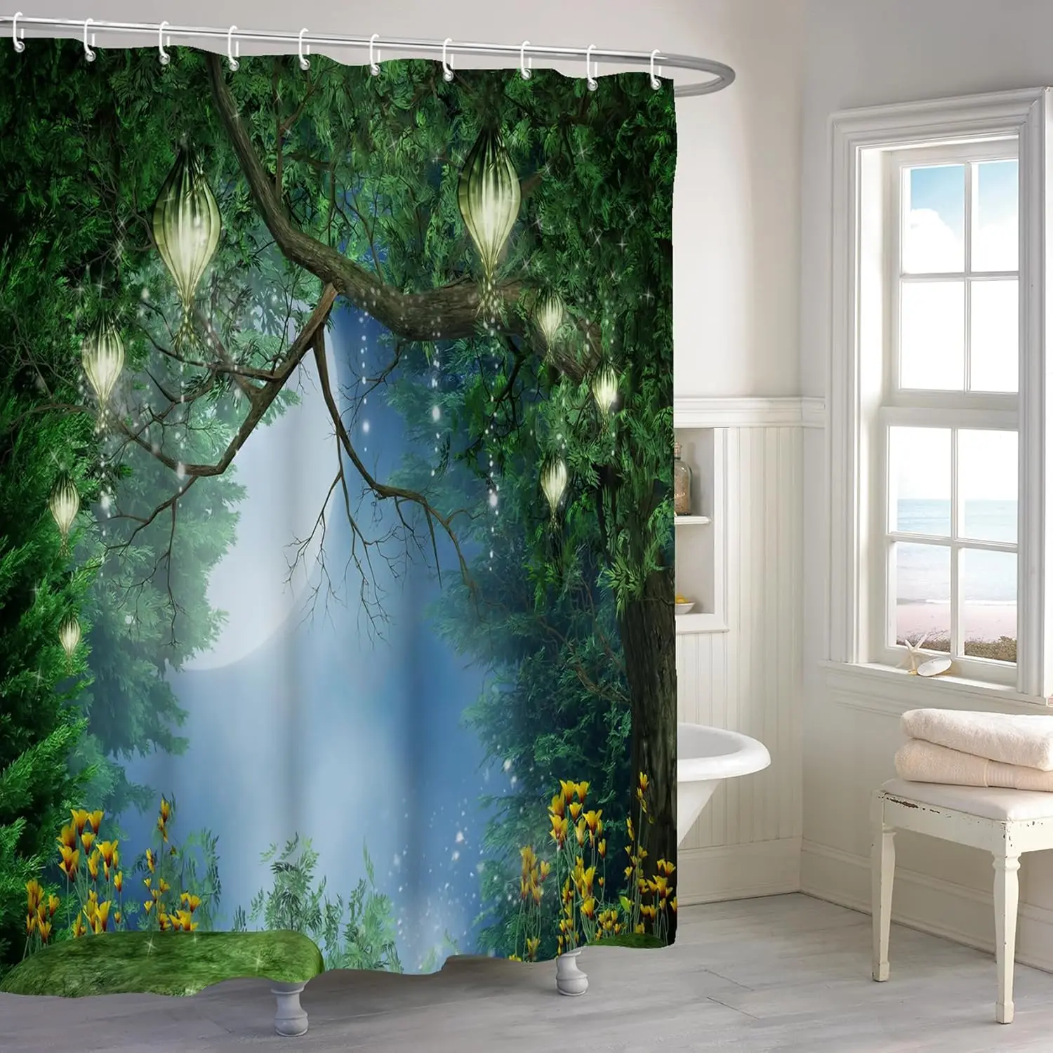 

Enchanted Forest Shower Curtains for Bathroom Wonderland Fantasy Shower Curtain Fairy Tales Magic Tree Full Moon Lanterns Jungle
