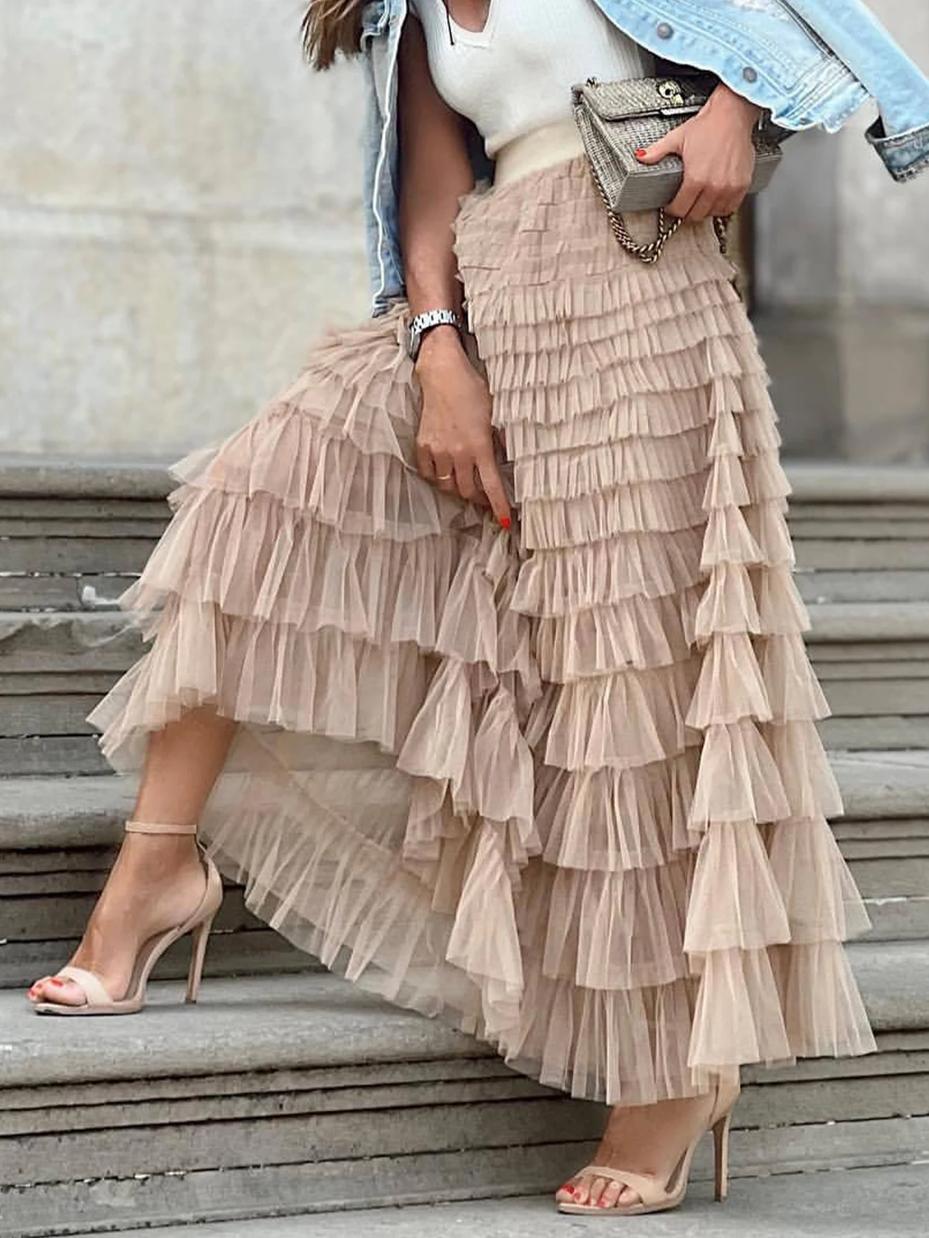 

Women's Elegant High Waist Layered Pleated Skirt Summer Autumn Fashion Plain Hem Basics Skirts