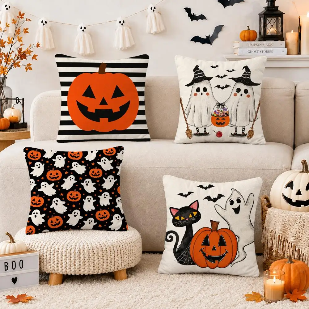 Halloween Ghost Pumpkin Cushion Cover Soft Short Plush Double-Sided Printing Sofa Home Decor Festival Pillow Case Gifts