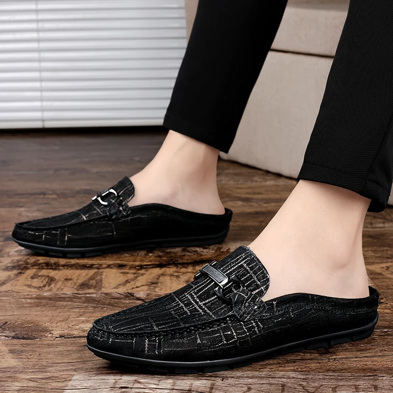 Summer Half Slippers Fashion Driving Shoes Men Shoes Genuine Leather Formal Loafers Slip on Shoes Metal Half Drag Cowhide Shoes