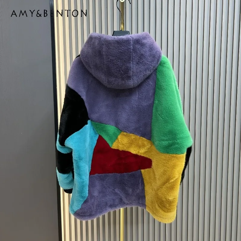 

Fashion Casual Mid-Length Hooded Color-Block Versatile Faux Fur Coat Womem's Winter New Long Sleeves Colorful Loose Furry Jacket