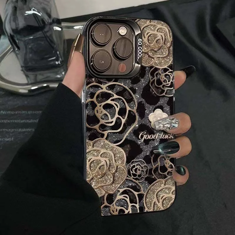 

Leopard-print flowers phone case for iPhone 16 15 14 13 12 11 Pro/ Max/Plus shock-proof rear cover anti-fingerprint