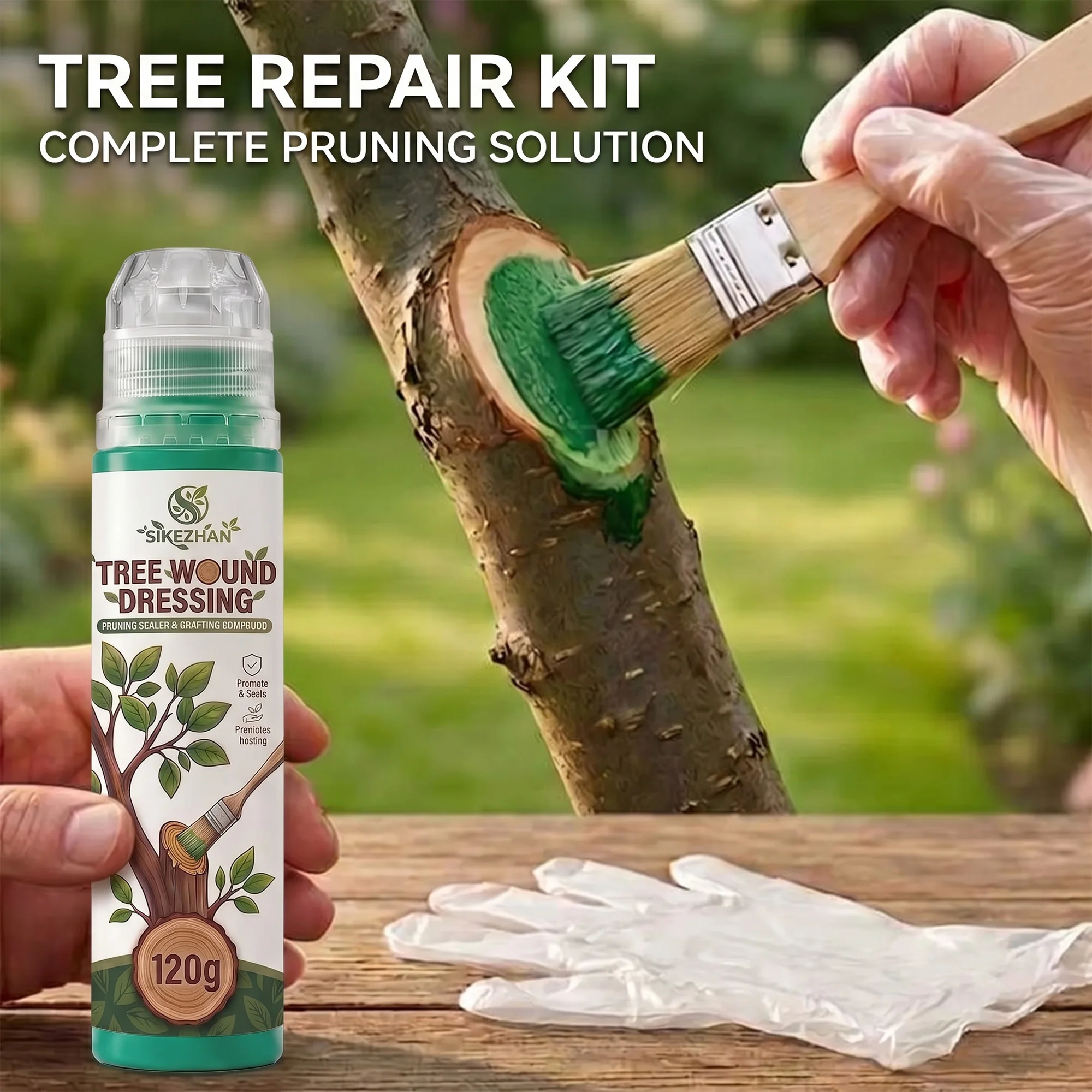 SIKEZHAN Tree Wound Dressing & Pruning Sealer Kit, Fast Healing Compound for Bonsai, Grafting & Plants with Brush & Gloves, 120g