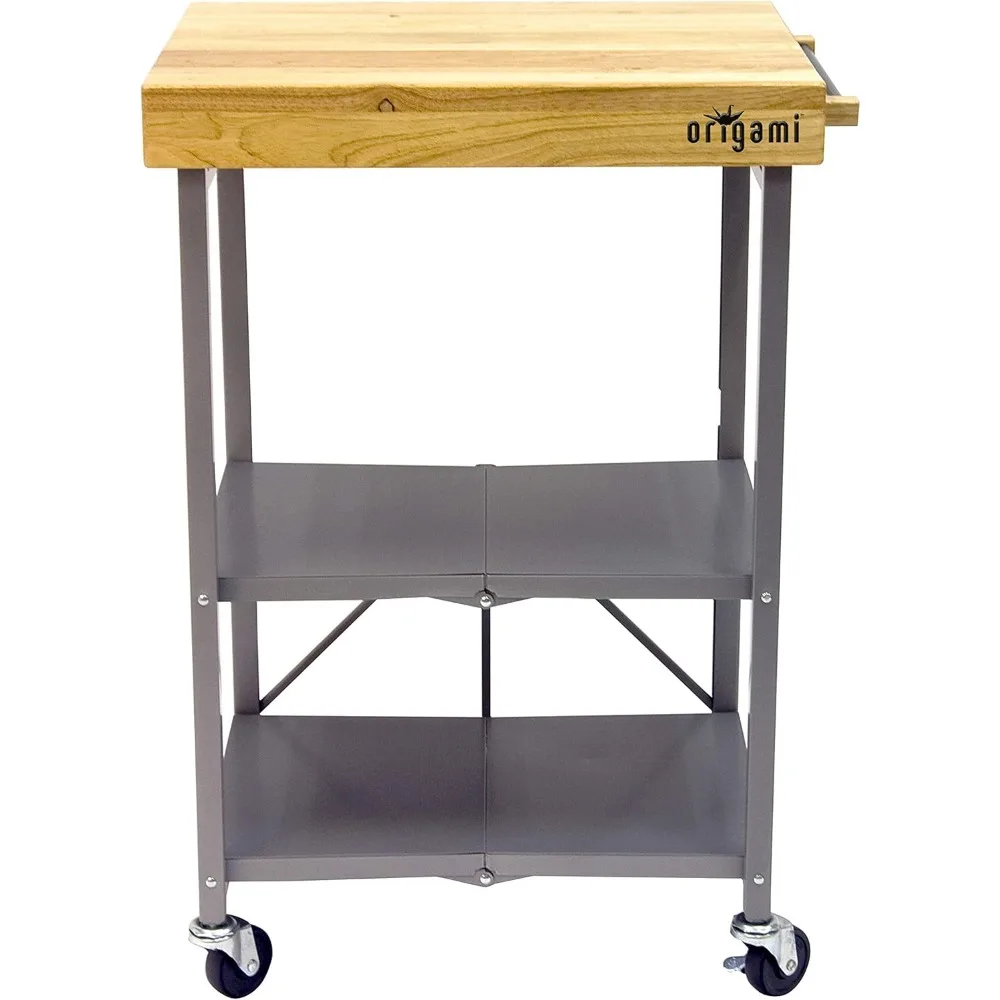 

Kitchen Islands Table,Foldable Wheeled Portable Steel Frame Solid Wooden Top Kitchen Island Bar Cart with Open Shelving