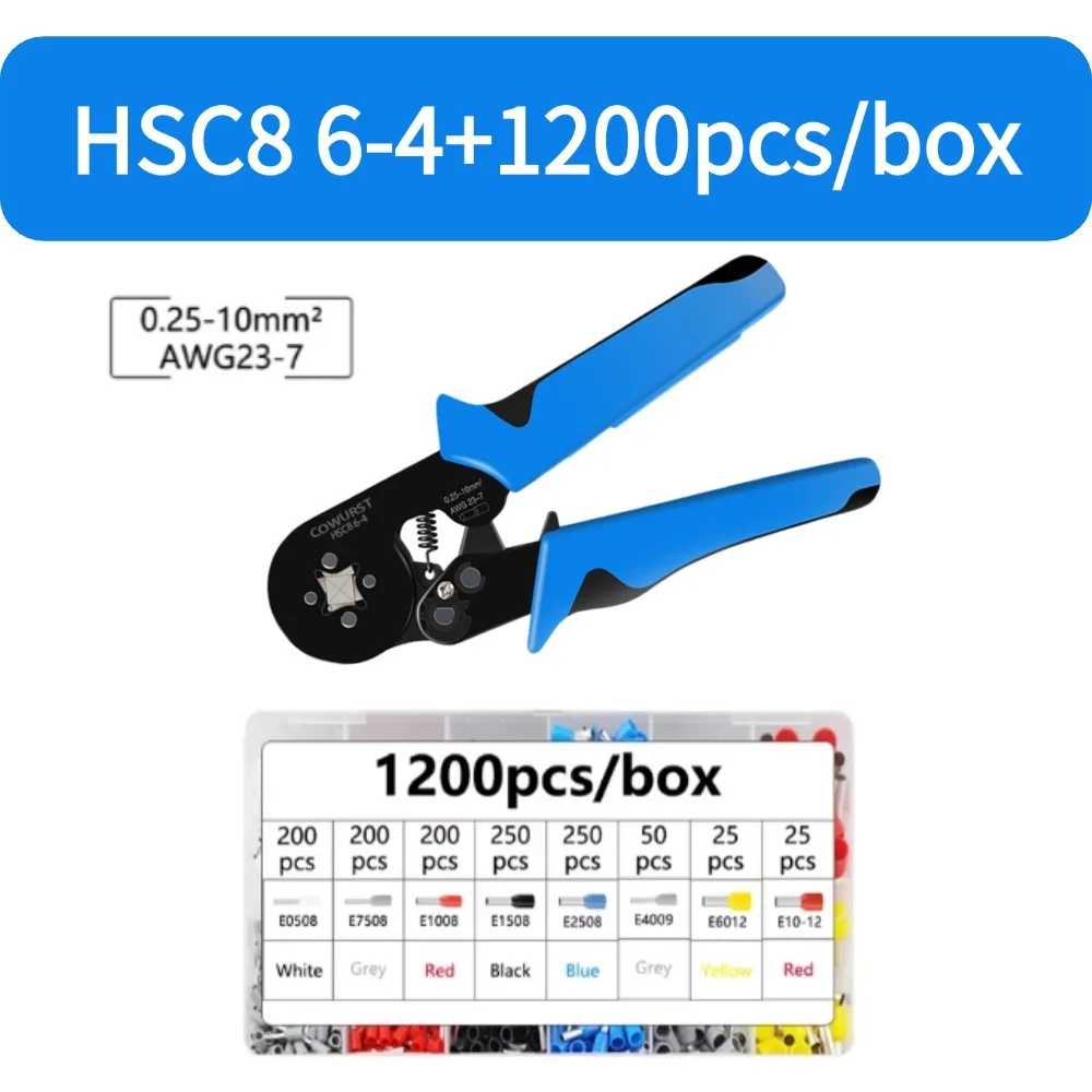 

HSC8 6-4 Плоскогубцы для трубчатых клемм Набор инструментов Ручные обжимные клещи Подходят для концов проводов 0,25-10 мм2 23-7AWG Клеммы холодного прессования