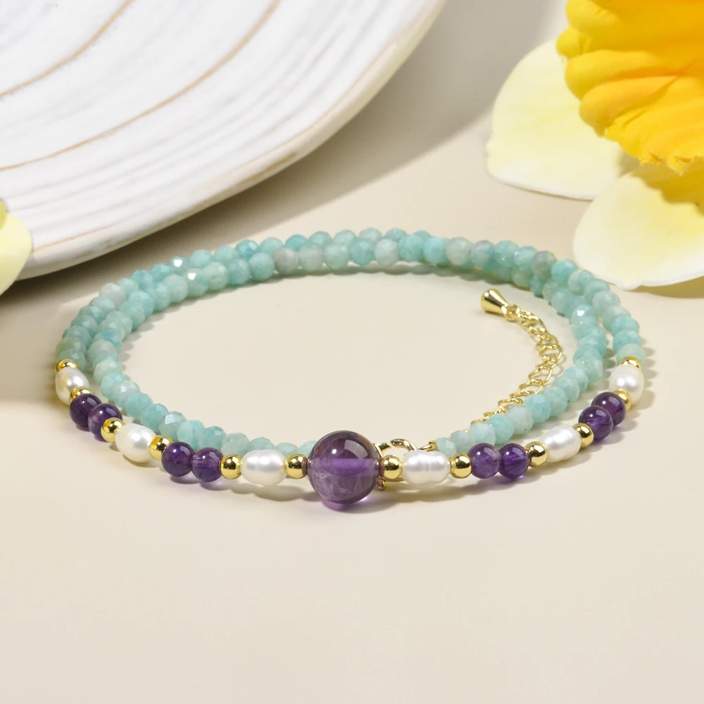 Multi-Color Natural Stone Brazil Amazonite Amethyst and Freshwater Pearl Beads Necklace Boho Adjustable Chain For Women Daily