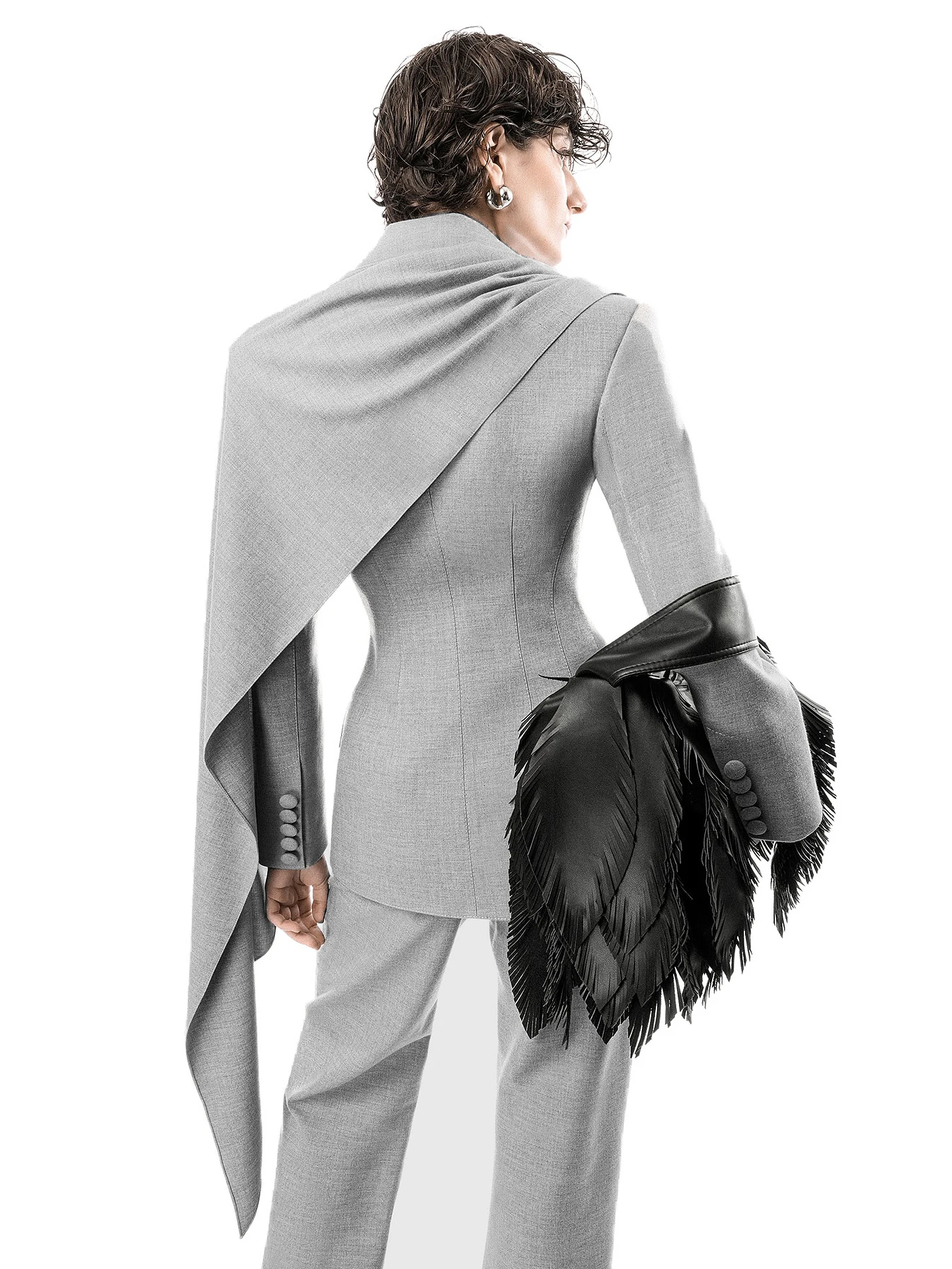  Style Grey Suit Jacket Shoulder Pad Version Casual Fashion Women's Polyester Fiber Windproof Long Sleeve Coat